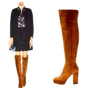 FASHION NOVA faux SUEDE OVER KNEE PLATFORM HEELS BOOTE IN BROWN HALF ZIP SIZ 6.5